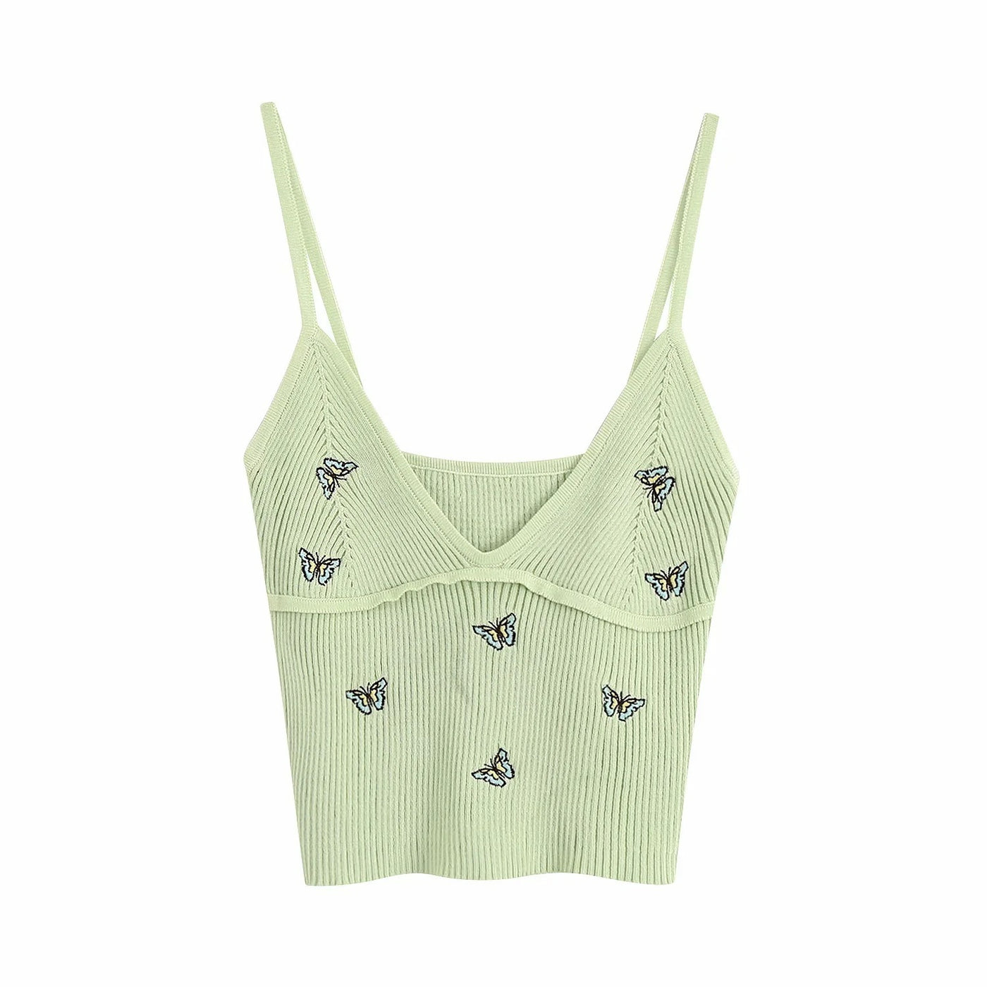 Women Fashion Butterfly Embroidery Cropped Knitted Blouses Vintage