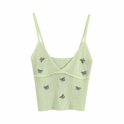 Women Fashion Butterfly Embroidery Cropped Knitted Blouses Vintage