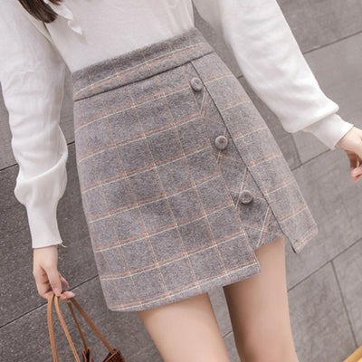 Plaid Skirt Women Irregular Woolen  Short Skirt