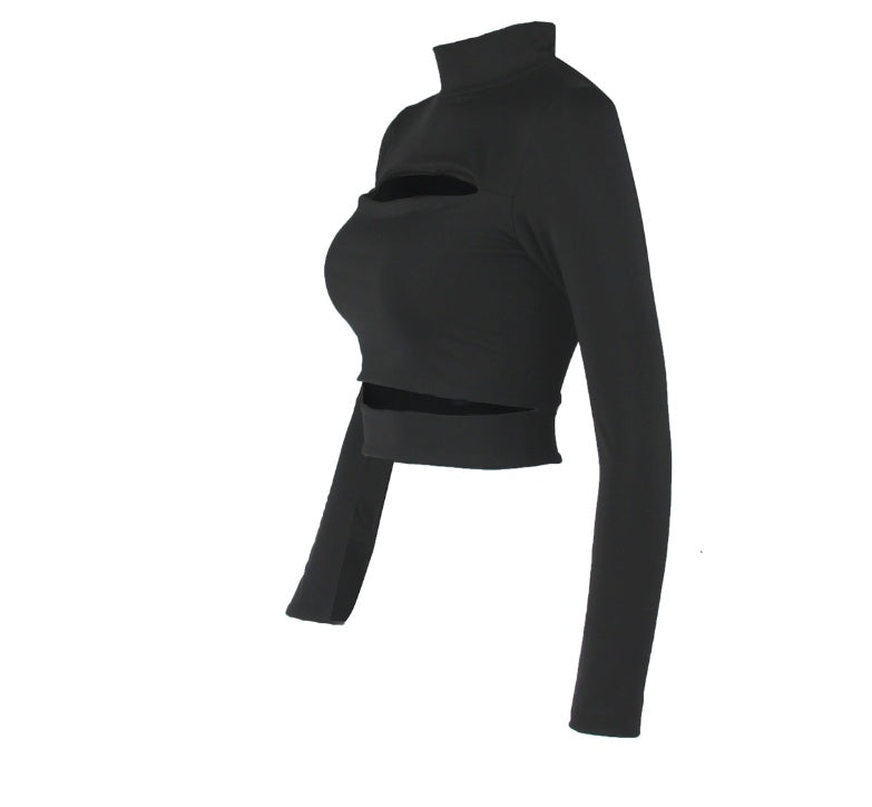 Europe Sexy Hollow Cross-border Long-sleeved High-necked Blouses Short Top