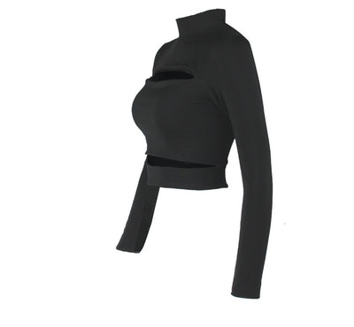Europe Sexy Hollow Cross-border Long-sleeved High-necked Blouses Short Top
