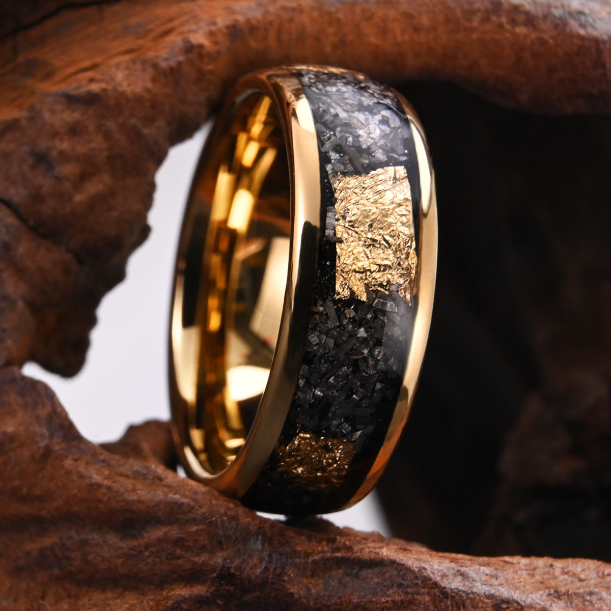 Men's Electric Black Tungsten Steel Ring With Broken Gold Foil