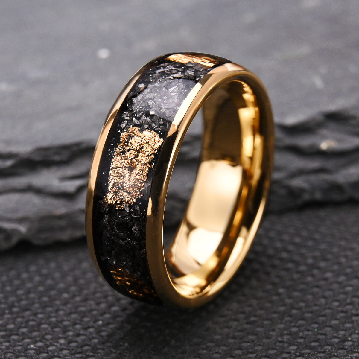 Men's Electric Black Tungsten Steel Ring With Broken Gold Foil