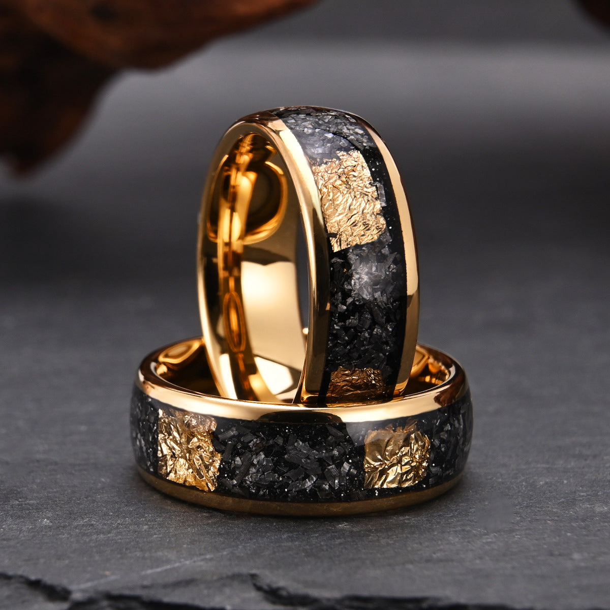 Men's Electric Black Tungsten Steel Ring With Broken Gold Foil