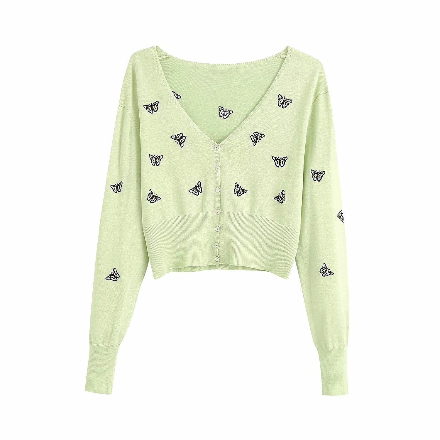 Women Fashion Butterfly Embroidery Cropped Knitted Blouses Vintage